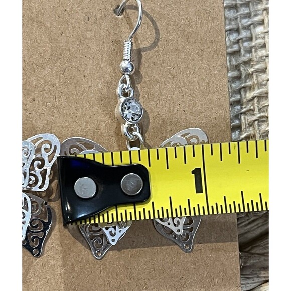 Silver Tone Filigree Style 3D Butterfly Earrings Rhinestone Accents Novelty - Picture 6 of 7